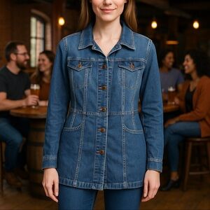 Venezia Women’s 14/16 Long Denim Jean Jacket Button Front Blue Cotton Stretch